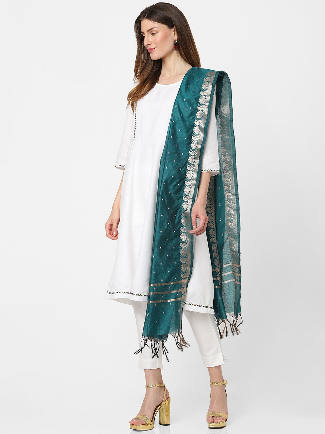 

Indifusion Ethnic Motifs Woven Design Tasselled Dupatta, Teal