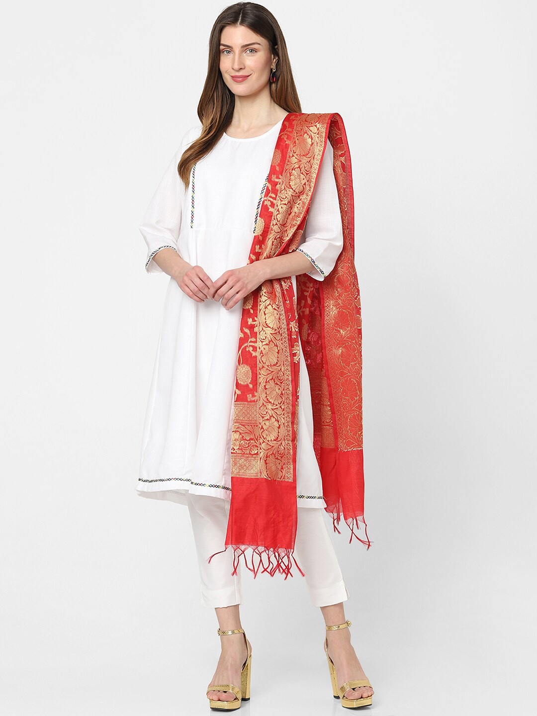 

Indifusion Ethnic Motifs Woven Design Tasselled Dupatta, Red