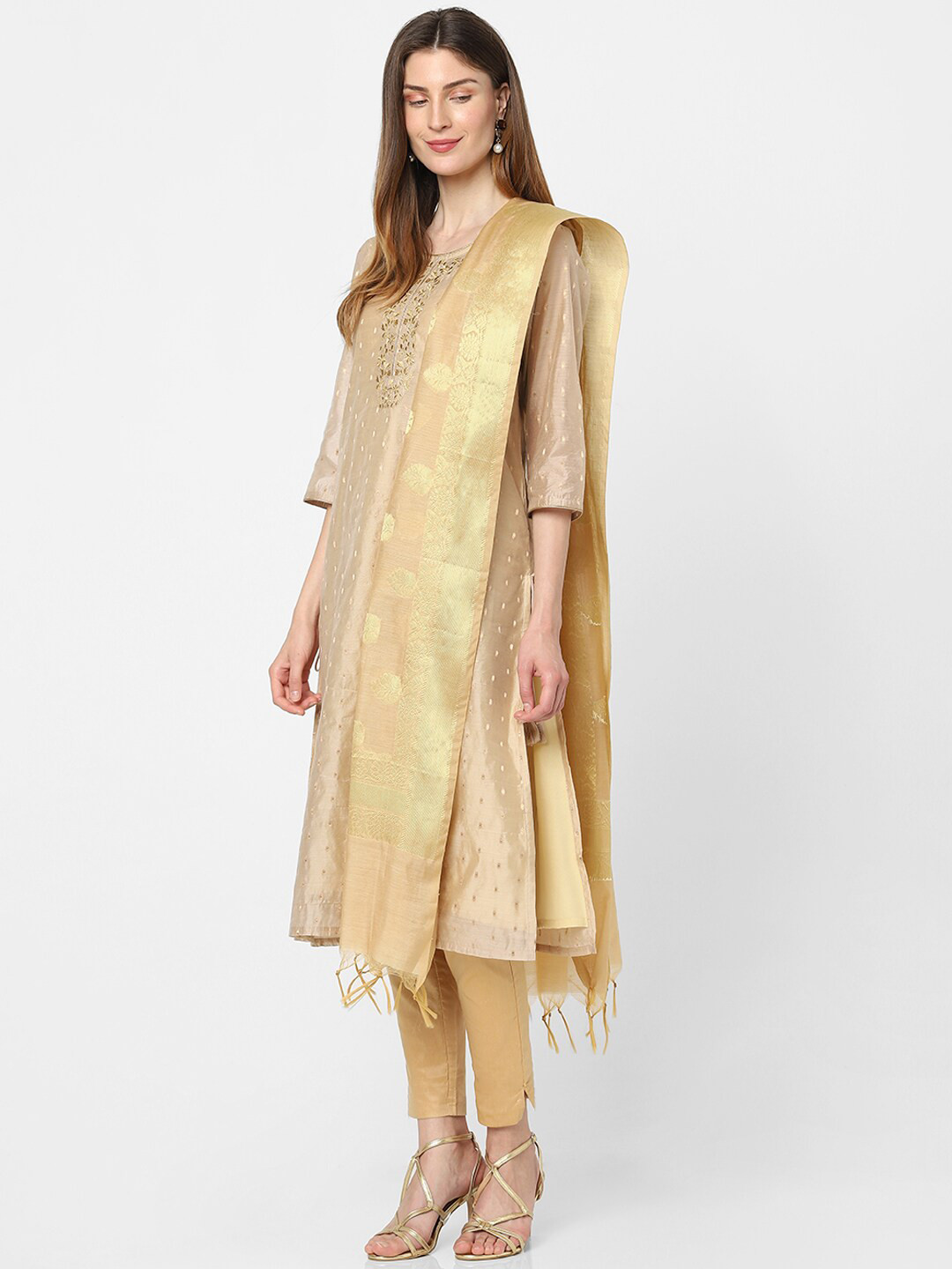

Indifusion Ethnic Motifs Woven Design Tasselled Dupatta, Beige