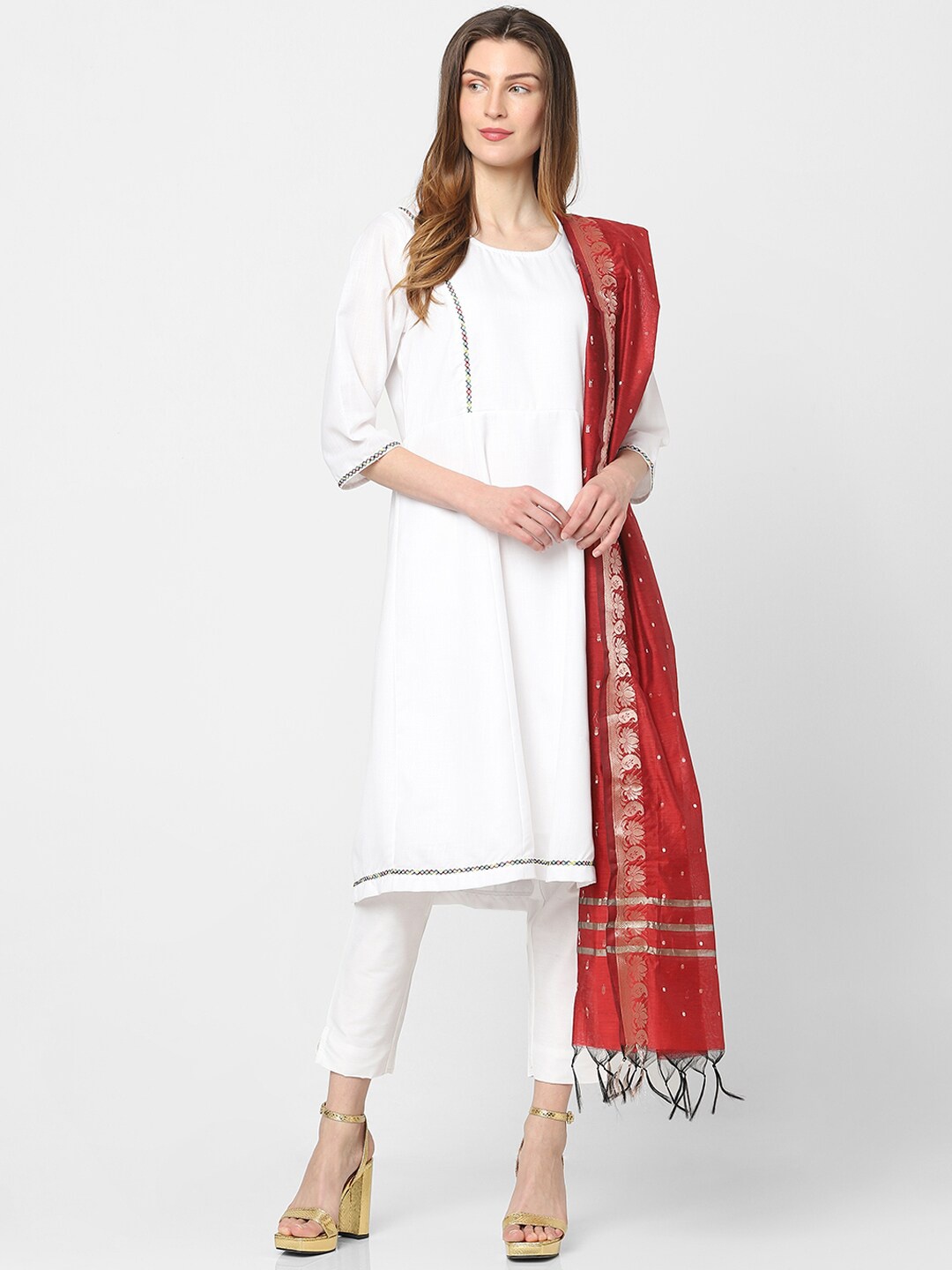

Indifusion Ethnic Motifs Woven Design Tasselled Dupatta, Red