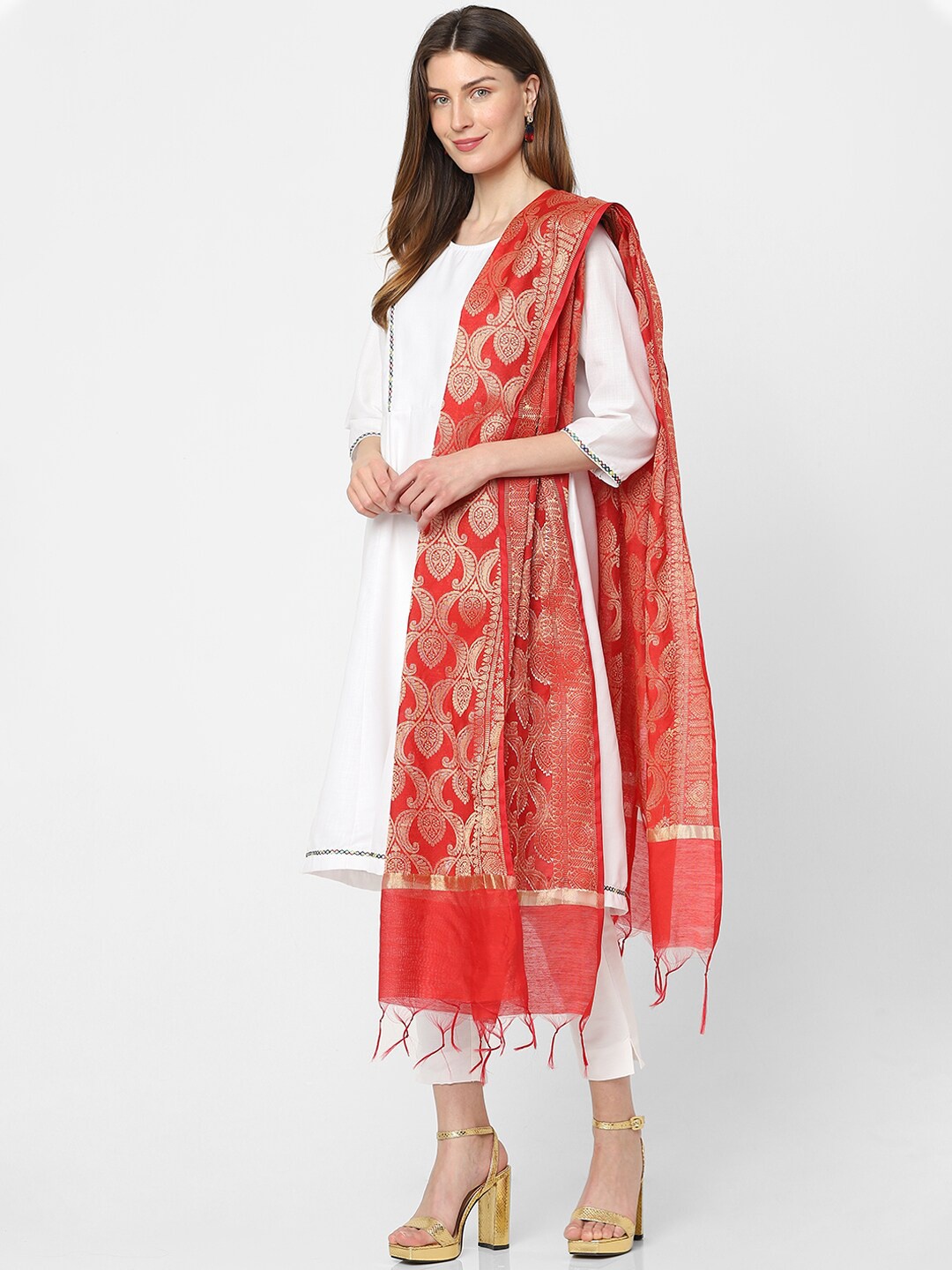 

Indifusion Ethnic Motifs Woven Design Tasselled Dupatta, Red