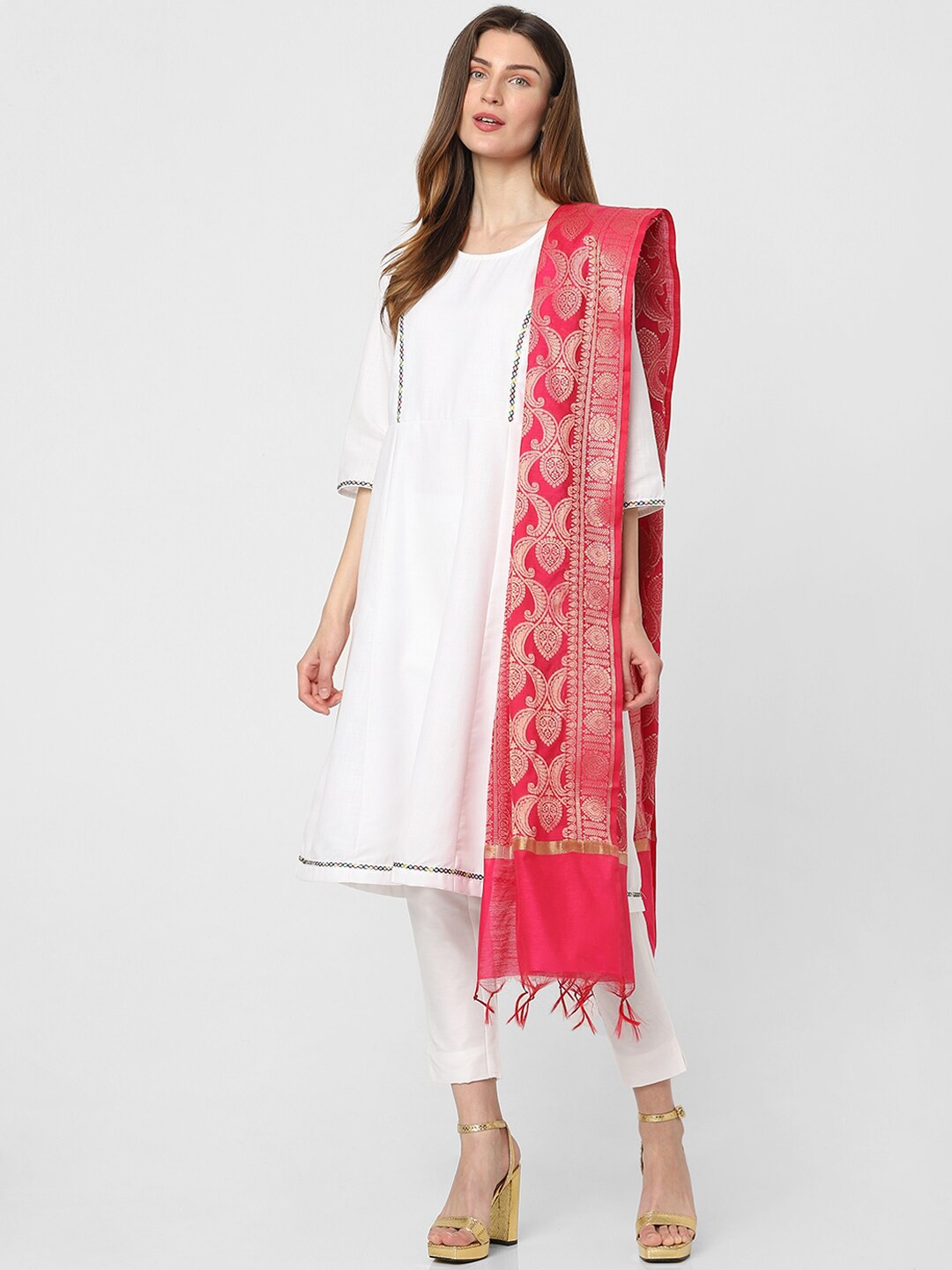 

Indifusion Ethnic Motifs Woven Design Tasselled Dupatta, Pink