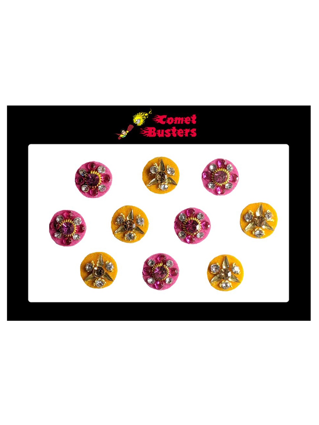 

Comet Busters Set of 10 Stone-Studded Designer Bindis - Pink & Yellow