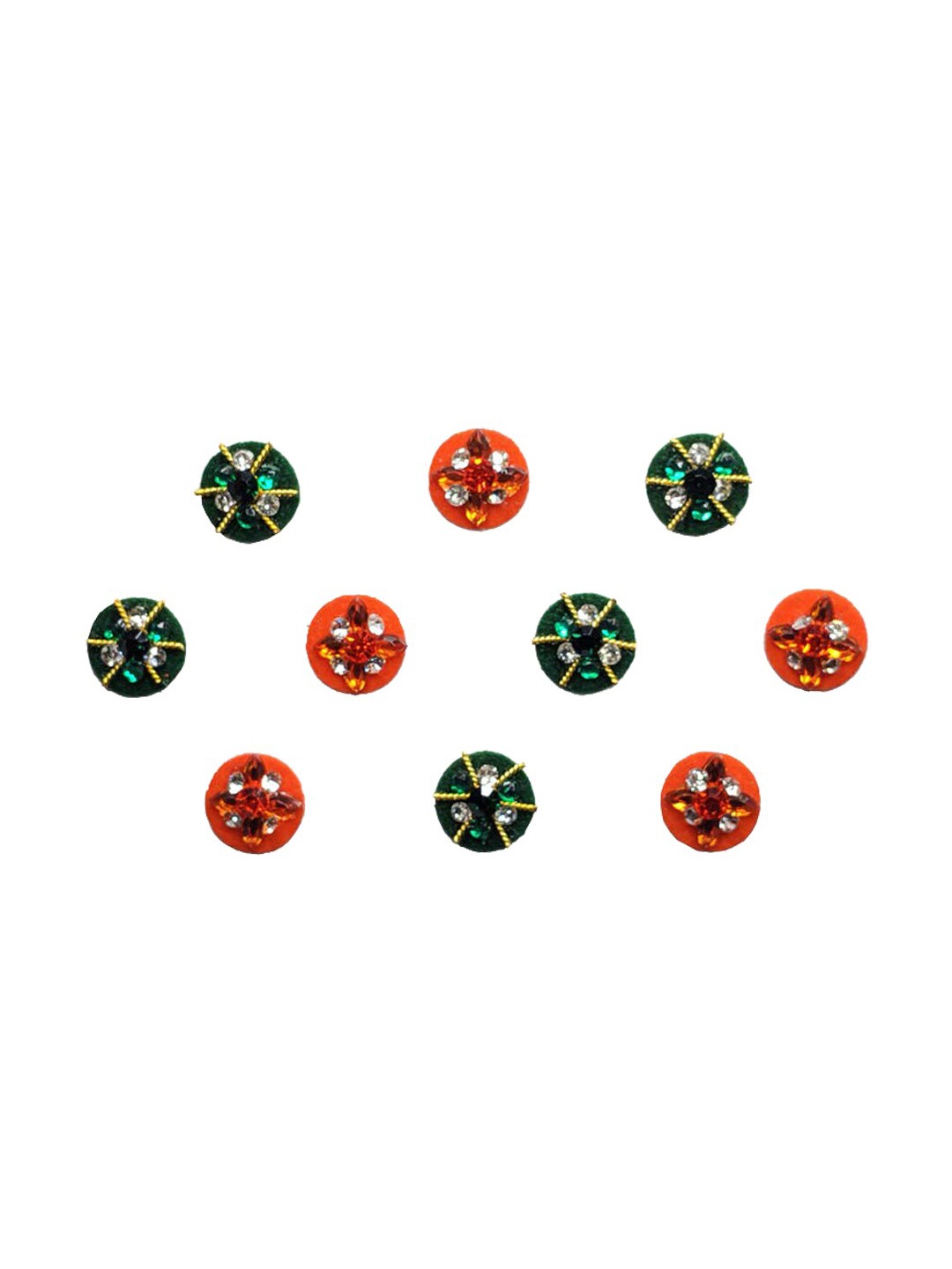 

Comet Busters Set of 10 Stone-Studded Designer Bindis - Green & Orange