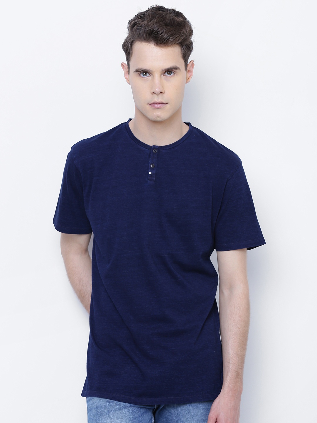 

Blackberrys Men Navy Henley Neck Pure Cotton T-shirt, Navy blue