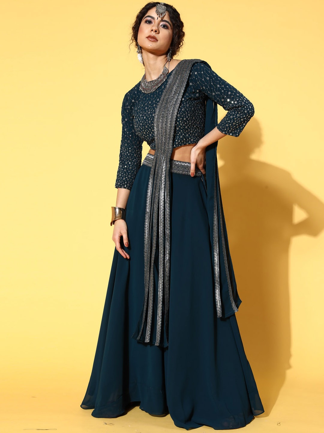 

Kvsfab Women Bottle Green Embroidered Ready to Wear Lehenga & Blouse With Dupatta