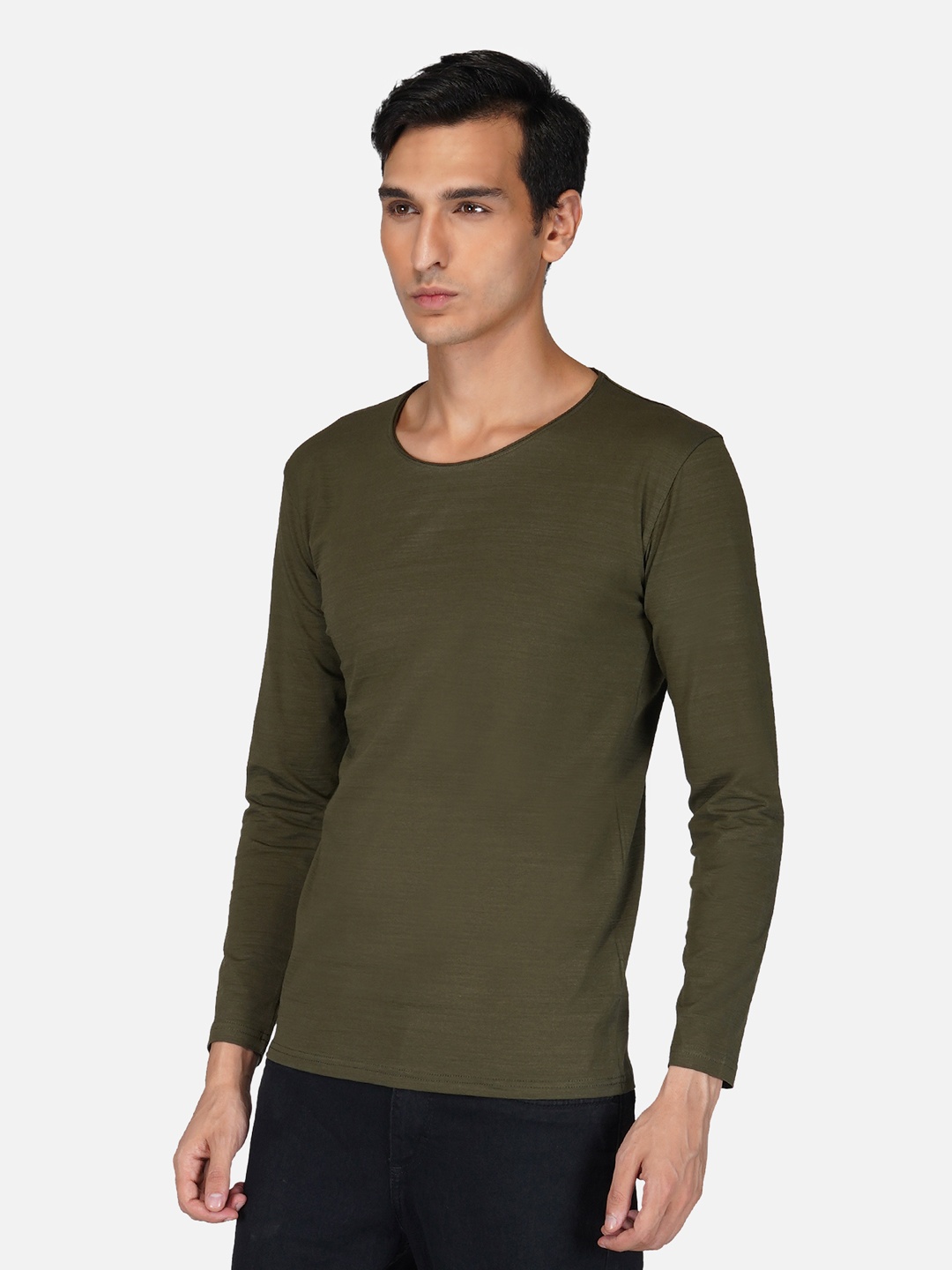 

Tinted Men Olive Green Full Sleeves Raw Edge Slim Fit T-shirt
