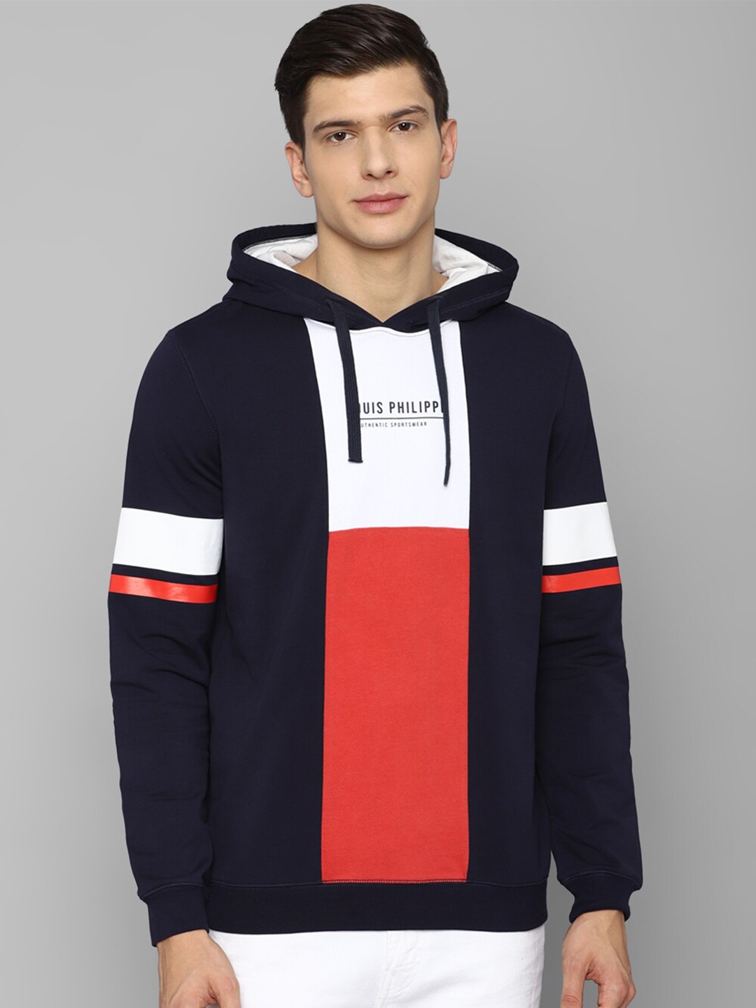 

Louis Philippe Sport Men Navy Blue Colourblocked Hooded Sweatshirt