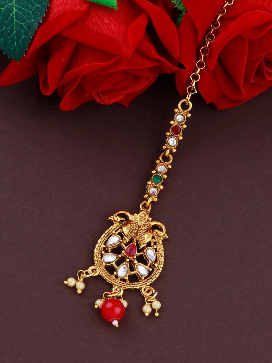 

Silver Shine Gold-Plated Red Kundan Studded Maang Tikka