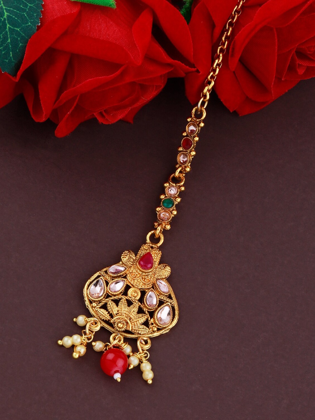 

Silver Shine Gold-Plated Red & White Kundan Studded Traditional Maang Tikka