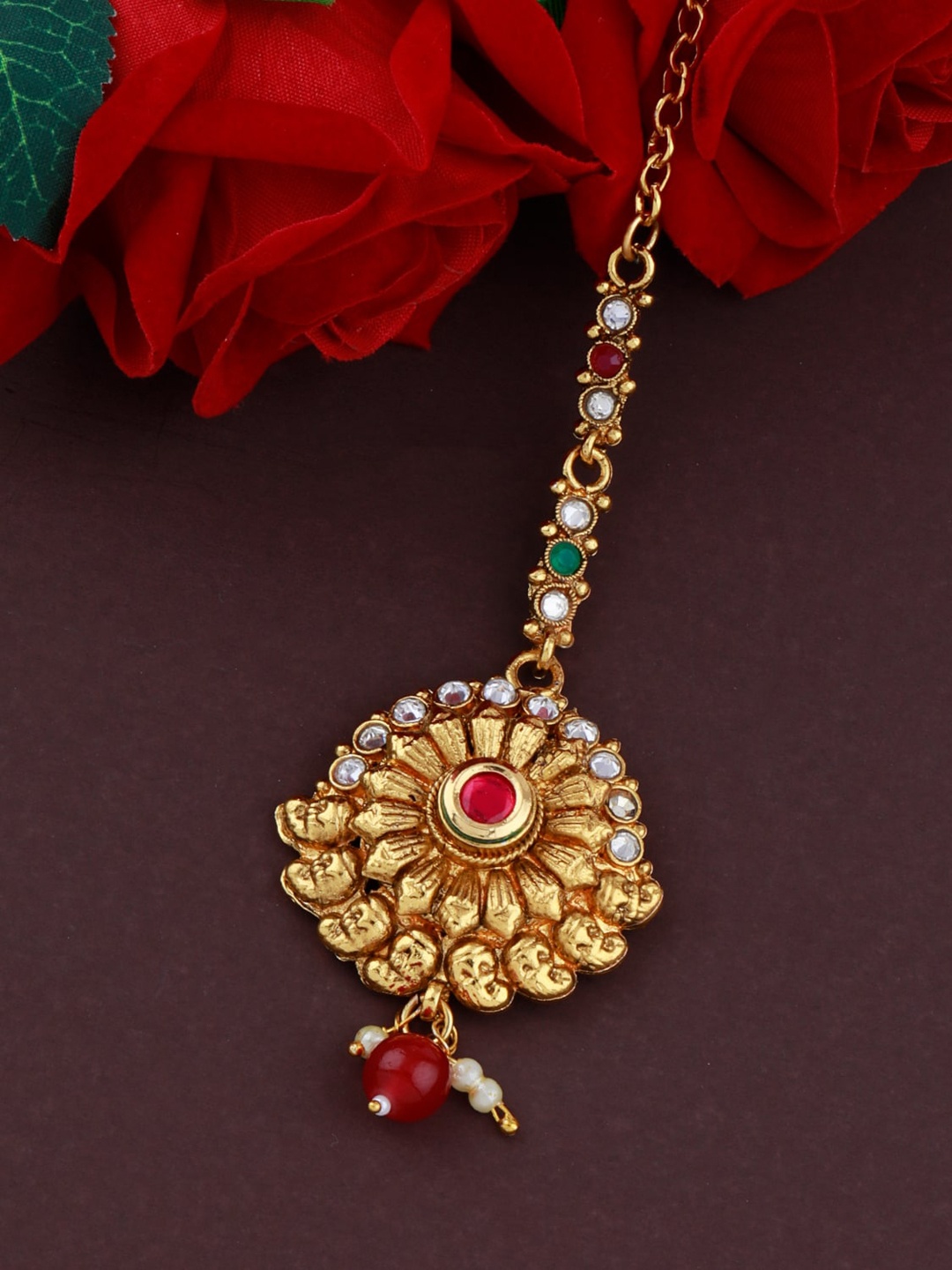 

Silver Shine Gold-Plated Maroon Stone-Studded Maangtika