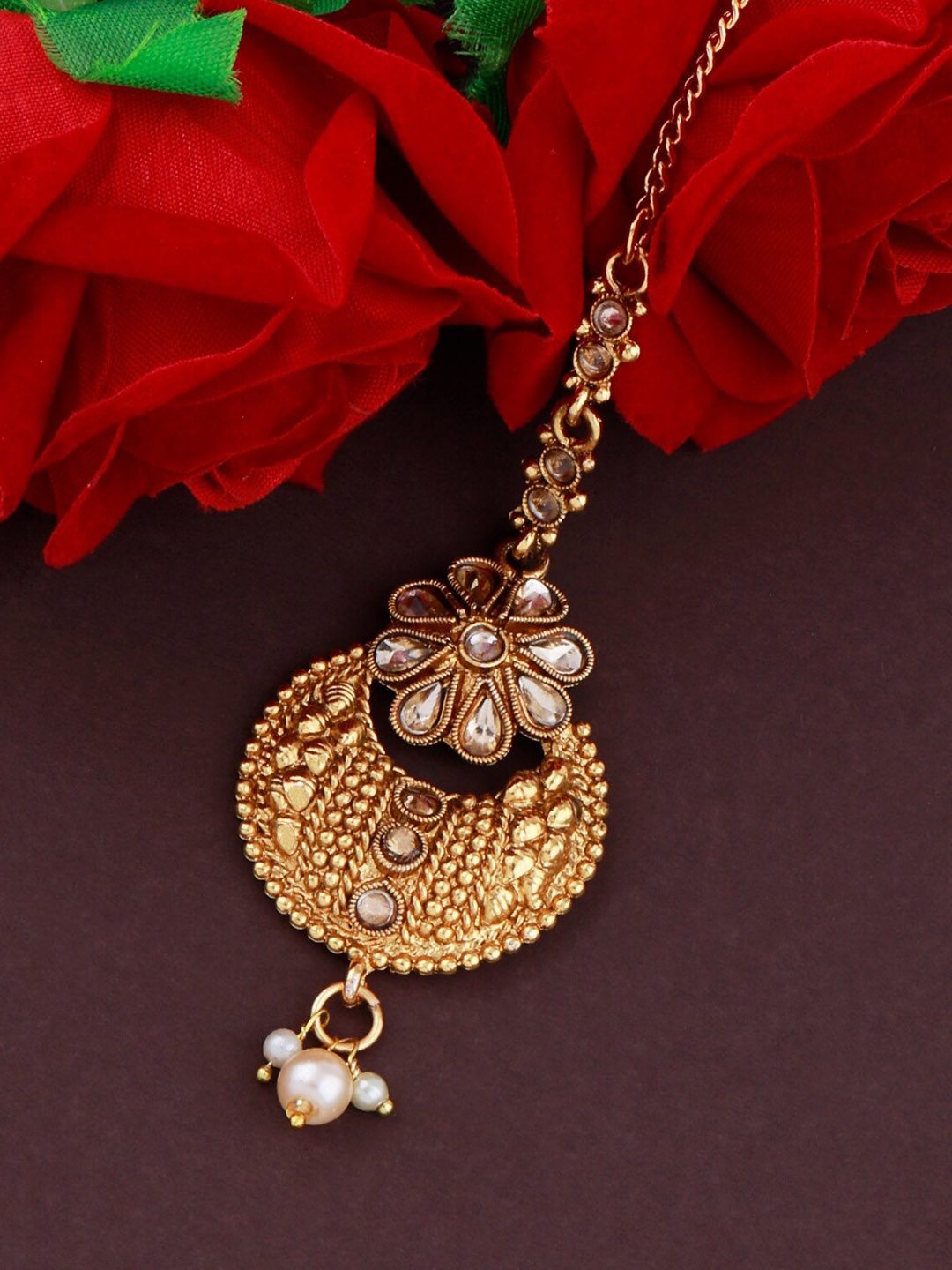 

Silver Shine Gold Plated White Stone-Studded Maang Tikka