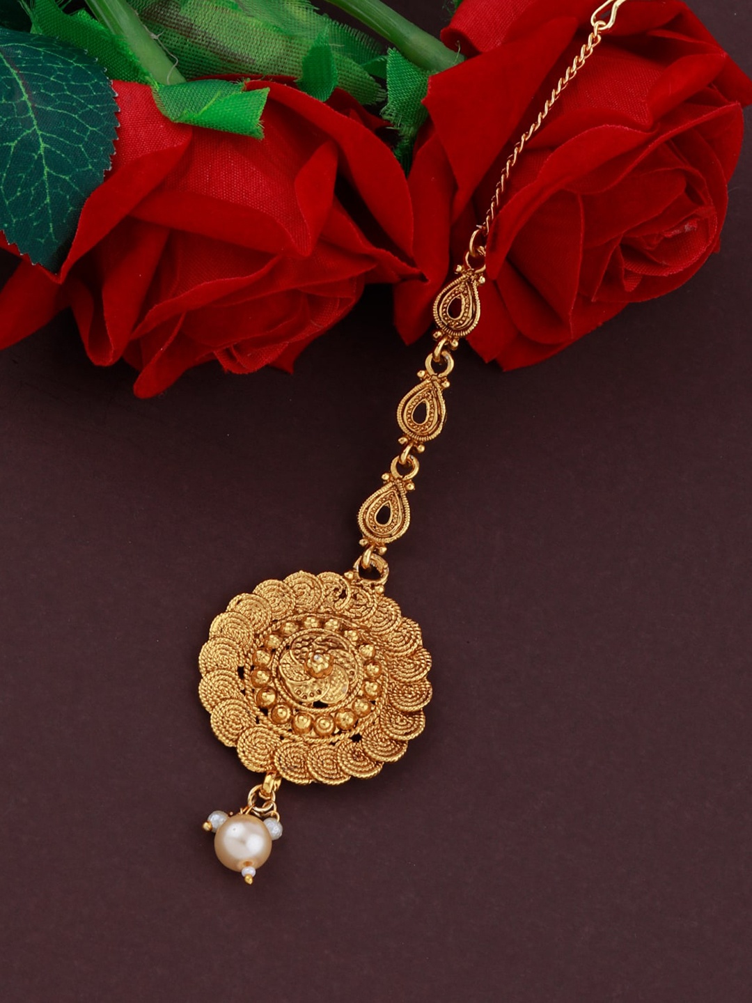 

Silver Shine Gold-Plated Gold Toned Beaded Maang Tikka