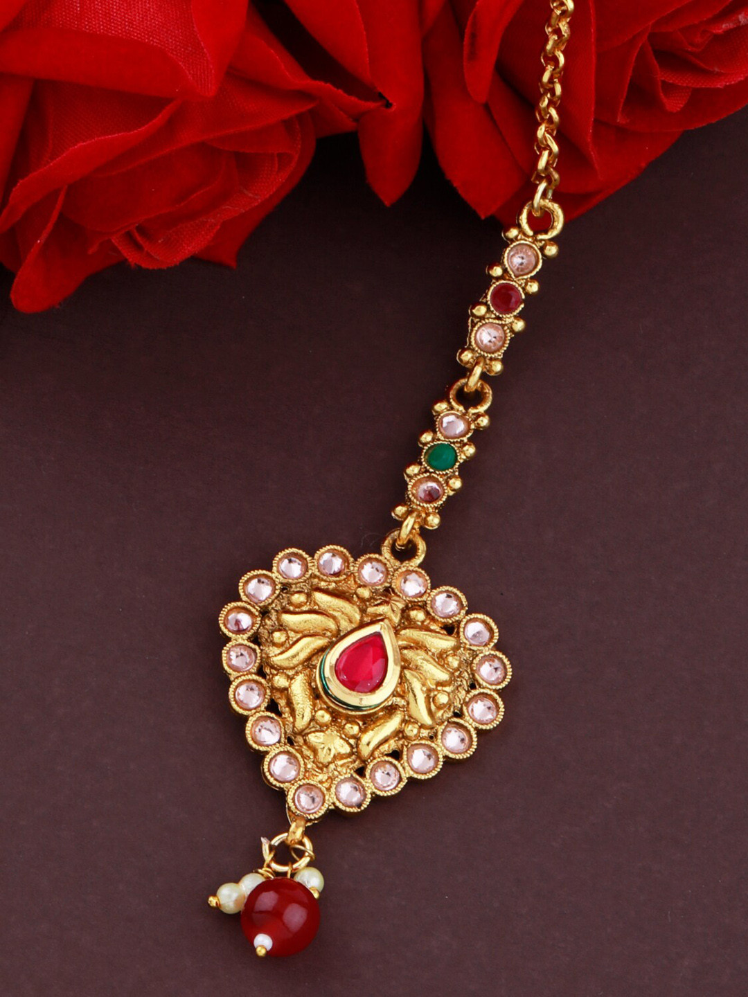 

Silver Shine Gold-Plated White & Red Stone Studded & Beaded Maangtika