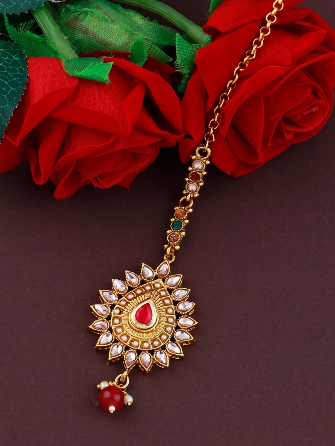 

Silver Shine Gold-Plated Red & White Kundan Studded Traditional Maang Tikka