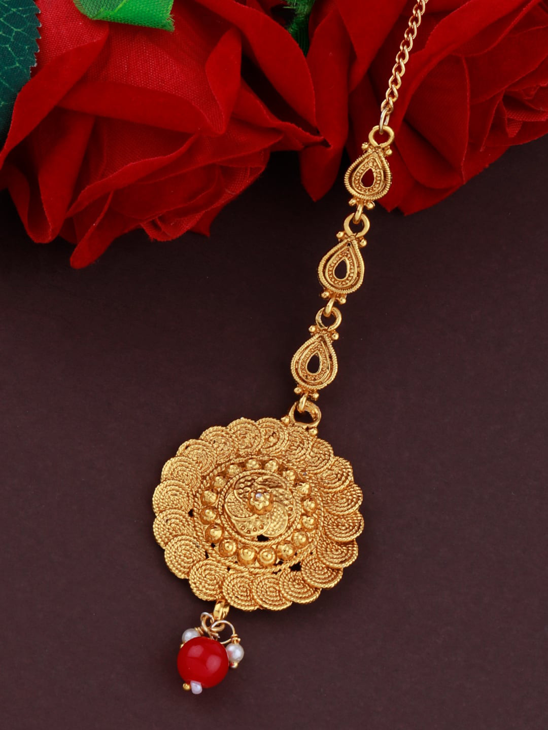 

Silver Shine Gold-Plated Red Stone Studded Maang Tikka
