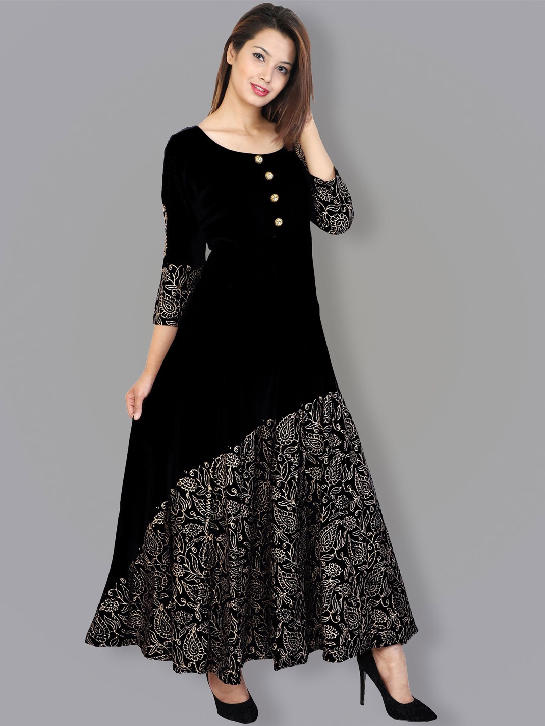 

METRO-FASHION Women Black Ethnic Motifs Printed Anarkali Kurta