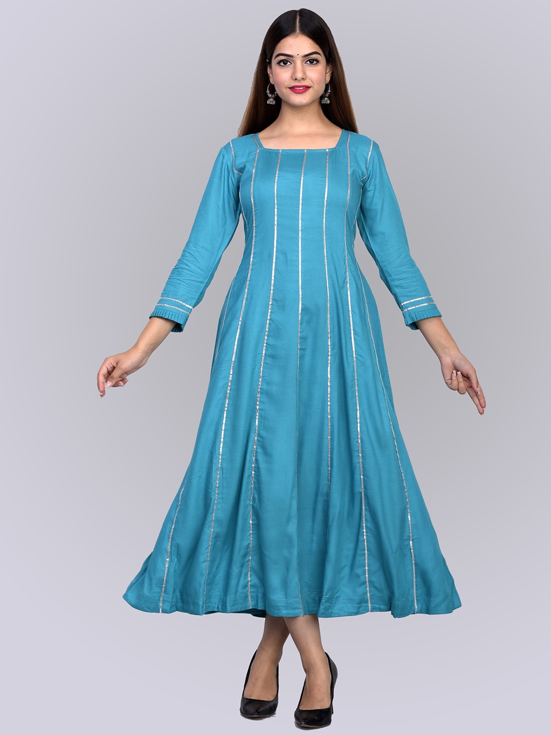 

METRO-FASHION Women Blue Striped Gotta Patti Anarkali Kurta