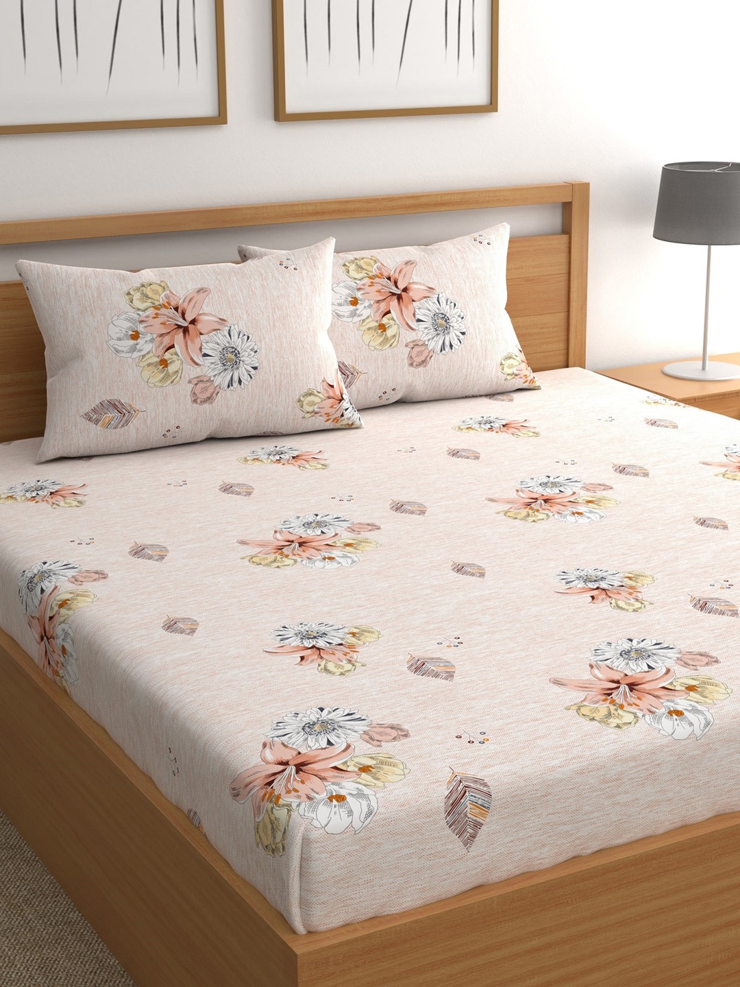 

CHHAVI INDIA Cream-Coloured & Pink Floral 210 TC Queen Bedsheet with 2 Pillow Covers