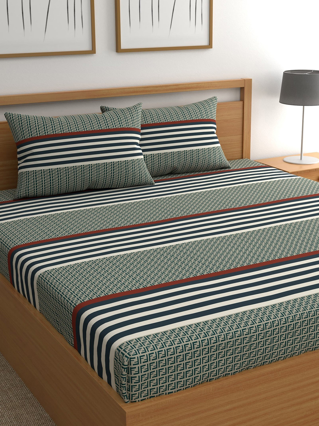 

CHHAVI INDIA Grey & White Striped 210 TC Queen Bedsheet with 2 Pillow Covers