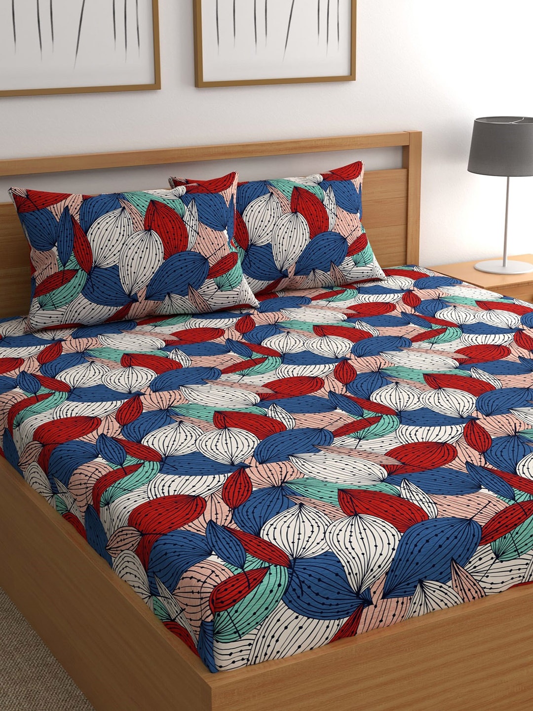

CHHAVI INDIA Blue & Pink Floral 210 TC Queen Bedsheet with 2 Pillow Covers