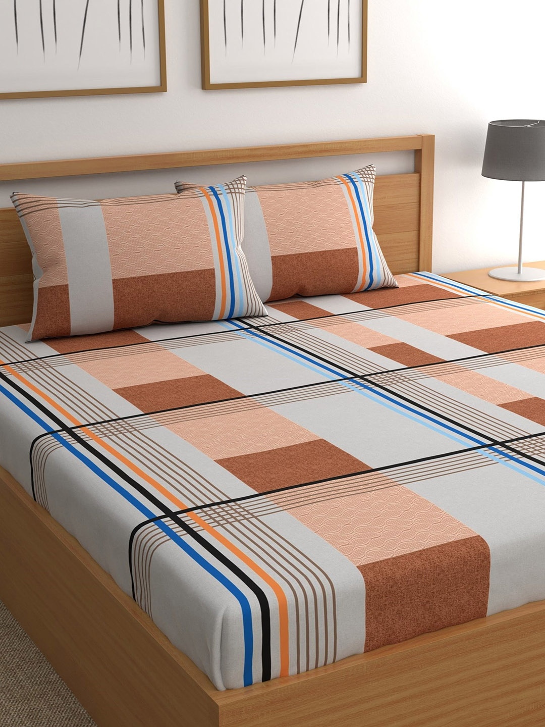 

CHHAVI INDIA Brown & Grey Geometric 210 TC Queen Bedsheet with 2 Pillow Covers