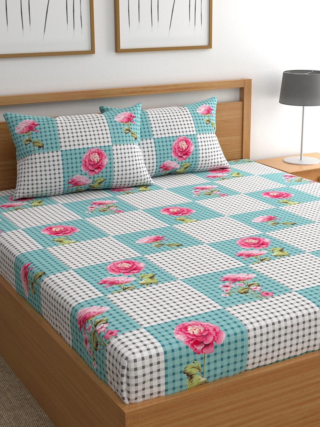 

CHHAVI INDIA Blue & Pink Floral 210 TC Queen Bedsheet with 2 Pillow Covers