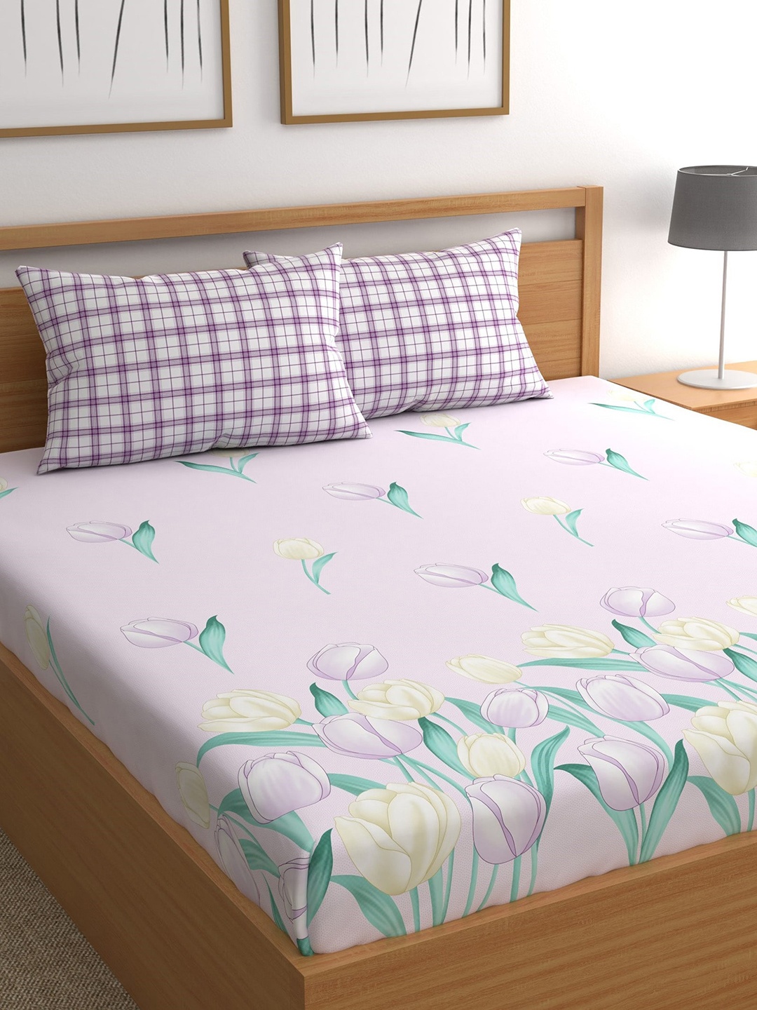

CHHAVI INDIA Purple & Green Floral 210 TC Queen Bedsheet with 2 Pillow Covers