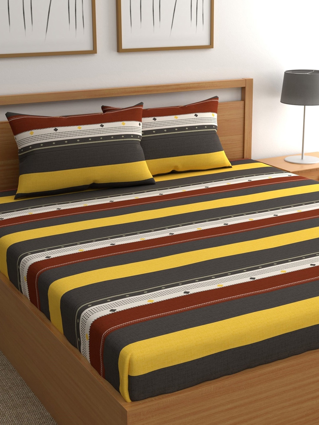 

CHHAVI INDIA Brown & Mustard Striped 210 TC Queen Bedsheet with 2 Pillow Covers