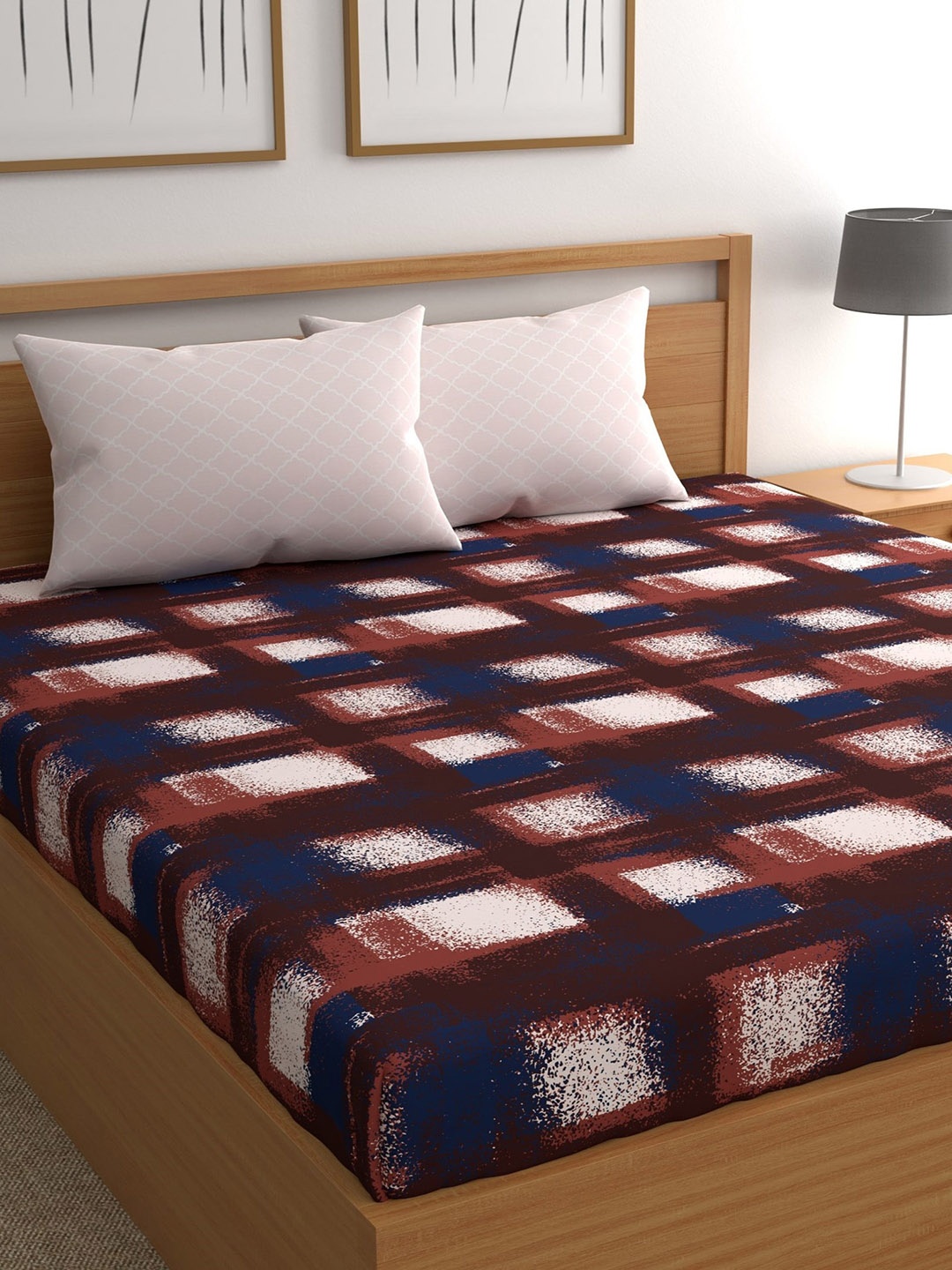 

CHHAVI INDIA Brown & Blue Geometric 210 TC Queen Bedsheet with 2 Pillow Covers