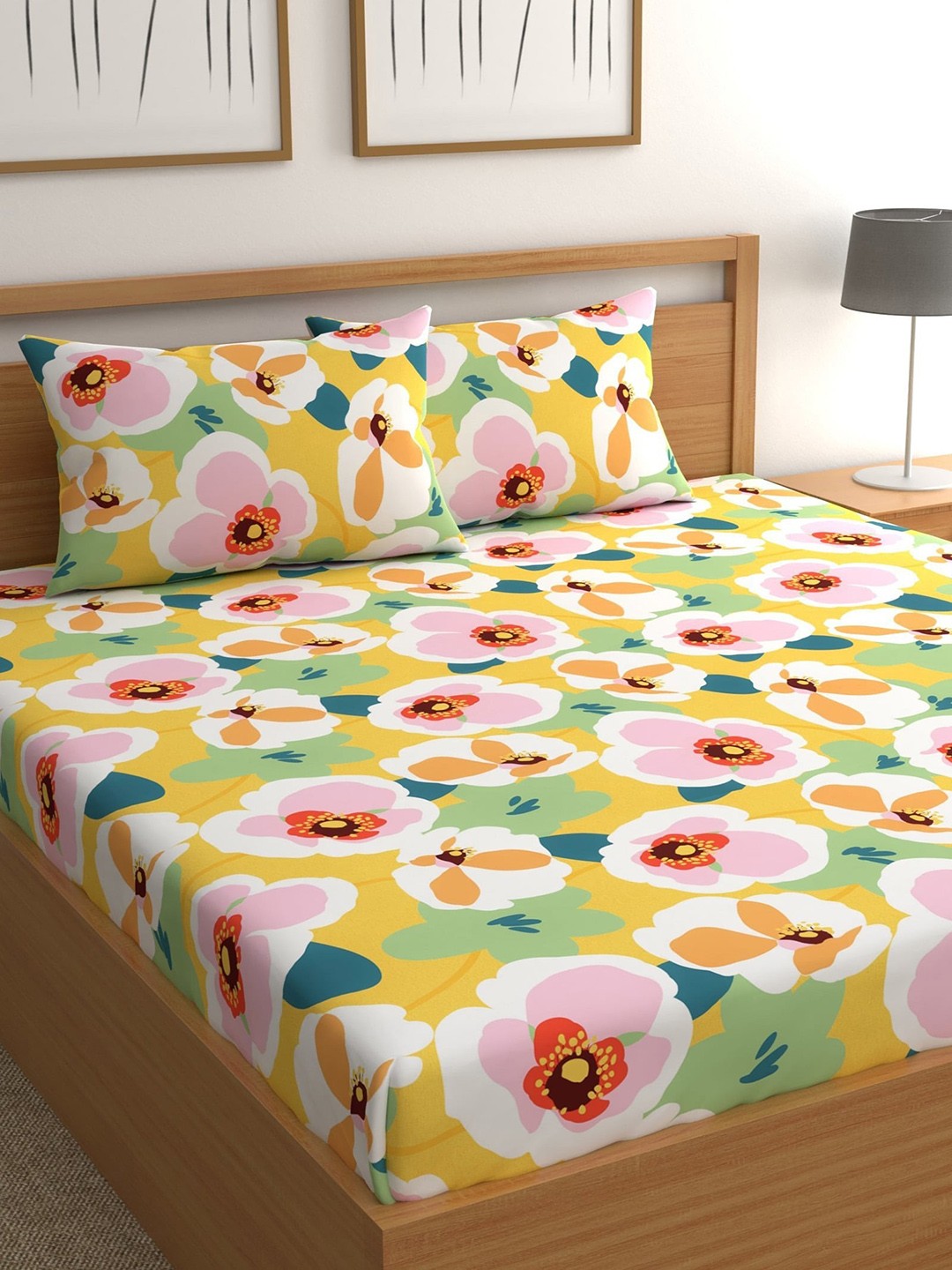 

CHHAVI INDIA Yellow & Pink Floral 210 TC Queen Bedsheet with 2 Pillow Covers