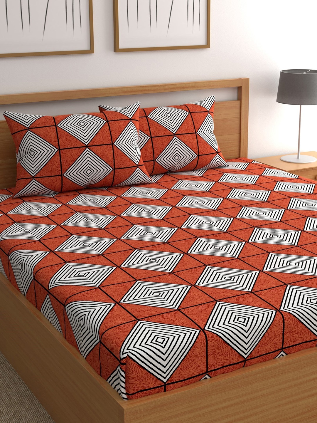 

CHHAVI INDIA Orange & Grey Geometric 210 TC Queen Bedsheet with 2 Pillow Covers