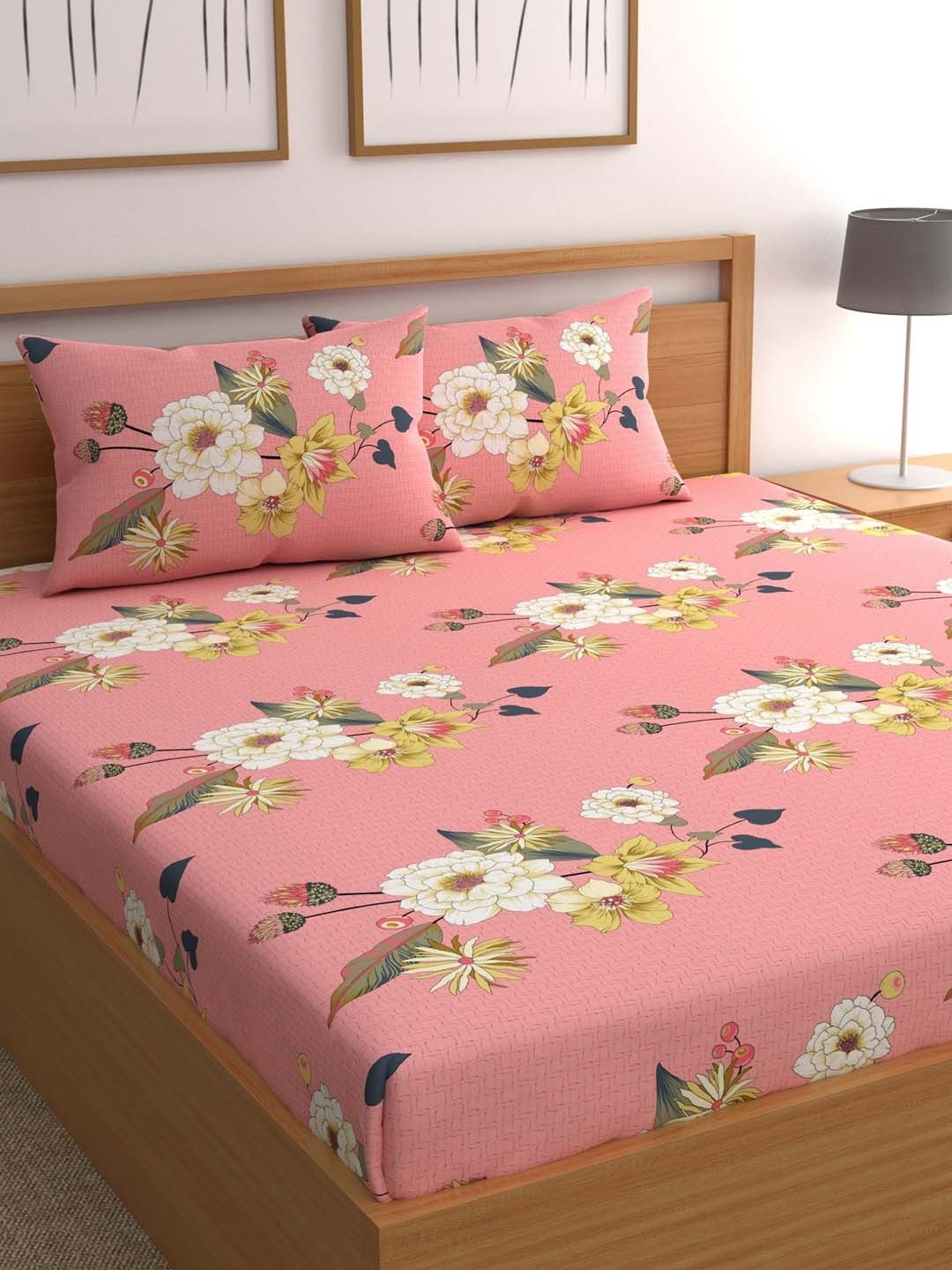 

CHHAVI INDIA Pink & White 210 TC Floral Queen Bedsheet With 2 Pillow Covers
