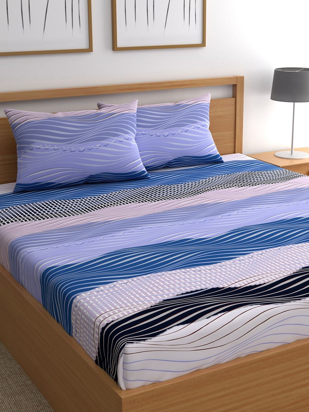 

CHHAVI INDIA Blue & Black Geometric 210 TC Queen Bedsheet with 2 Pillow Covers