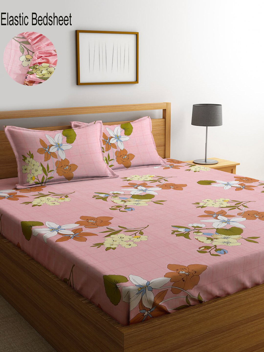 

KLOTTHE Floral 300 TC Fitted King Bedsheet with 2 Pillow Covers, Pink
