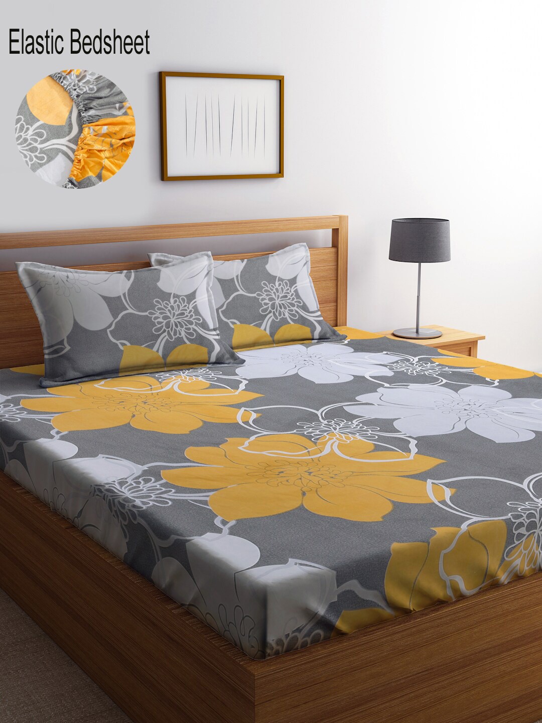 

KLOTTHE Floral 300 TC Fitted King Bedsheet with 2 Pillow Covers, Grey