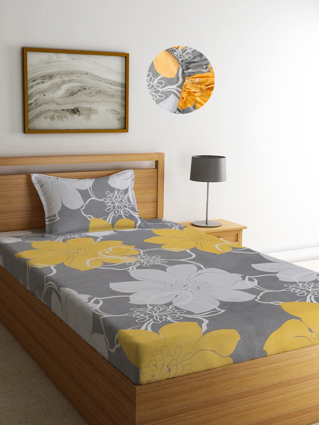 

KLOTTHE Floral 300 TC Fitted Single Bedsheet with 1 Pillow Cover, Grey