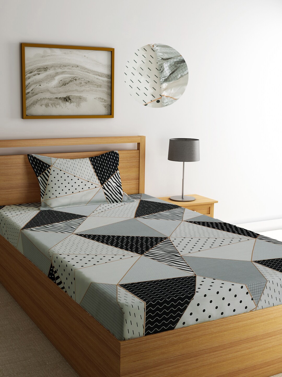 

KLOTTHE Geometric Printed 300 TC Fitted Single Bedsheet with 1 Pillow Cover, Grey