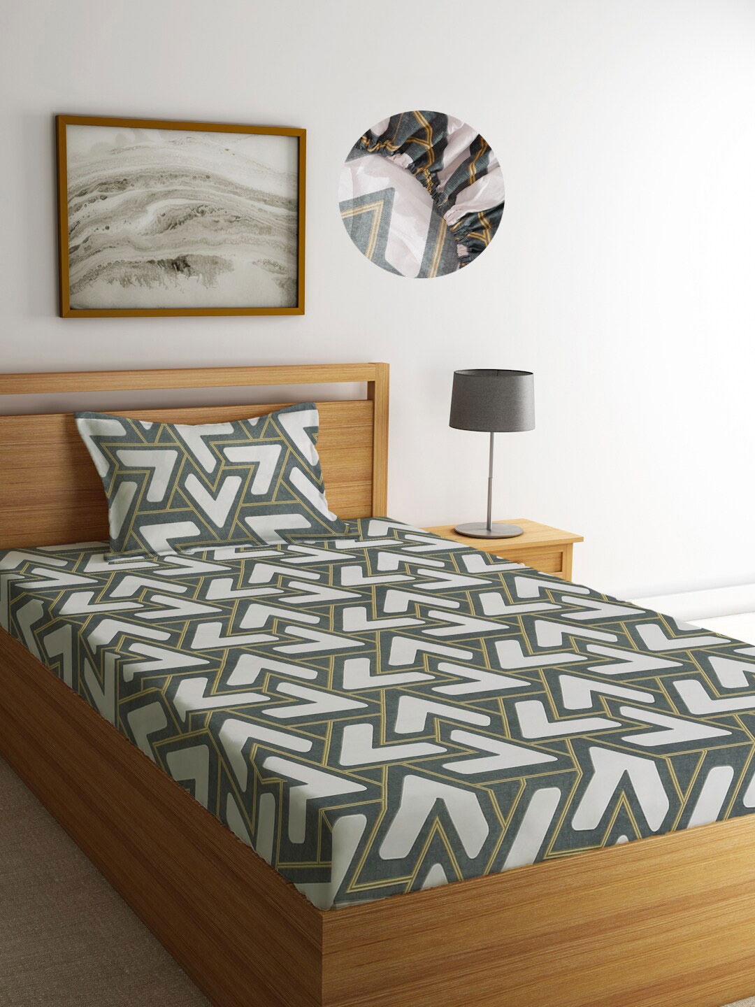

KLOTTHE Geometric 300 TC Fitted Single Bedsheet with 1 Pillow Cover, Grey