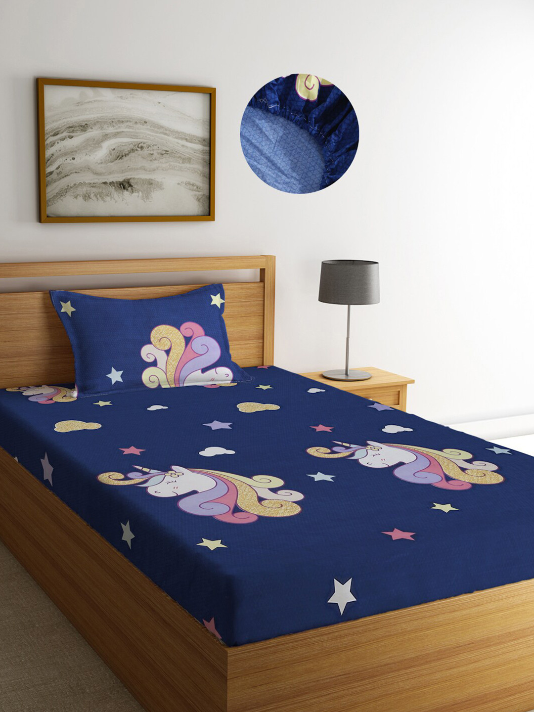 

KLOTTHE Cartoon Characters Printed 300 TC Fitted Single Bedsheet with 1 Pillow Cover, Blue