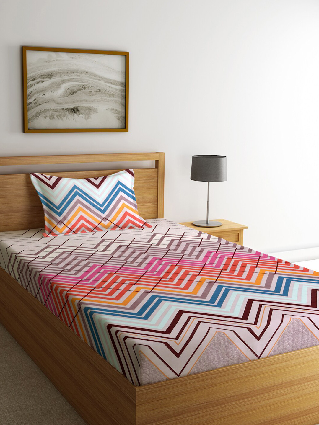 

KLOTTHE White & Pink Geometric 300 TC Single Bedsheet with 1 Pillow Covers