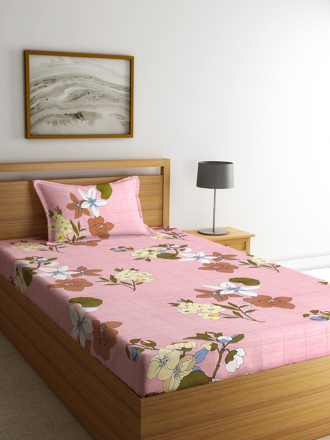 

KLOTTHE Pink & Brown Floral 300 TC Single Bedsheet with 1 Pillow Covers