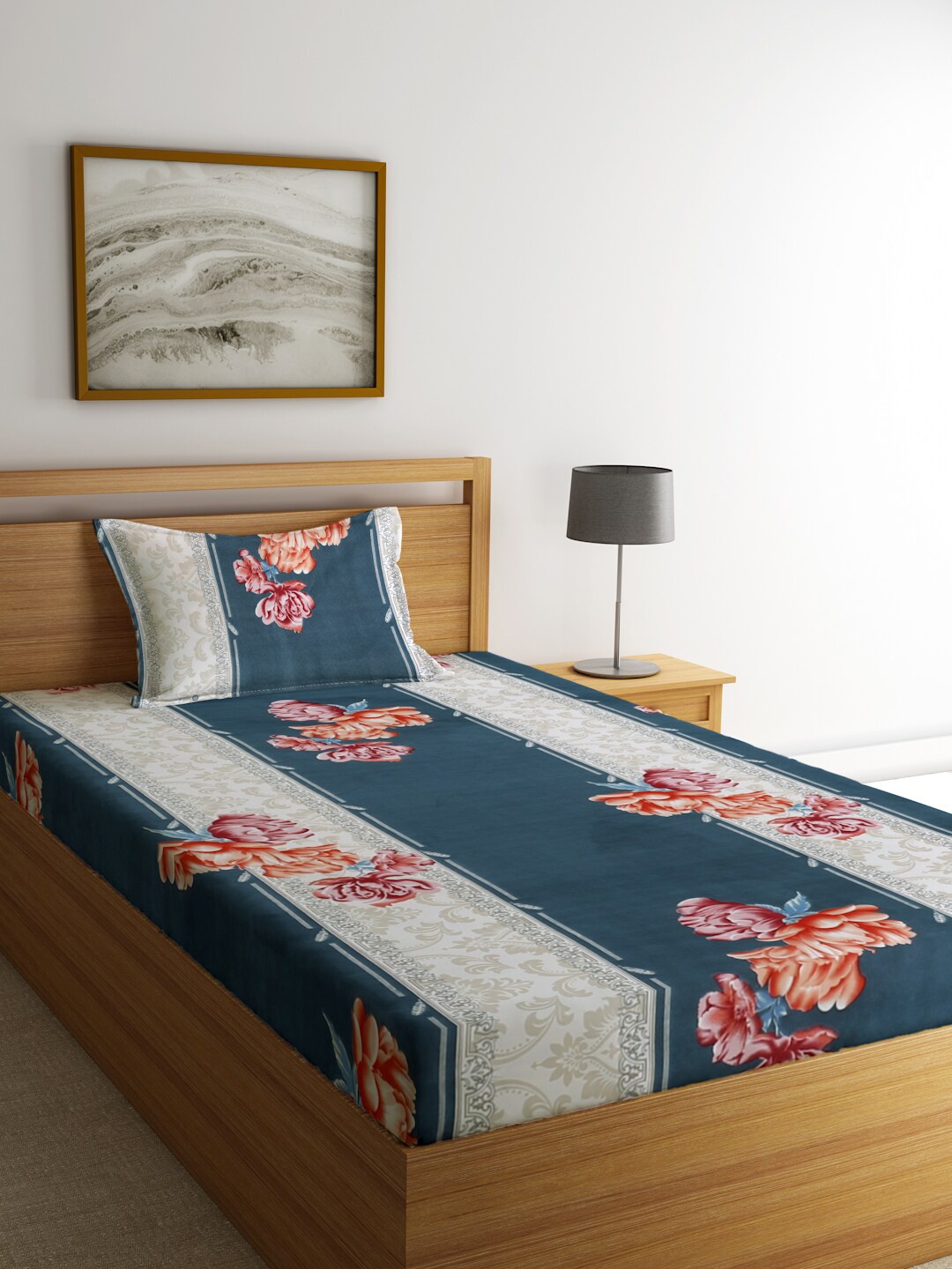 

KLOTTHE Blue & Pink Floral 300 TC Single Bedsheet with 1 Pillow Covers