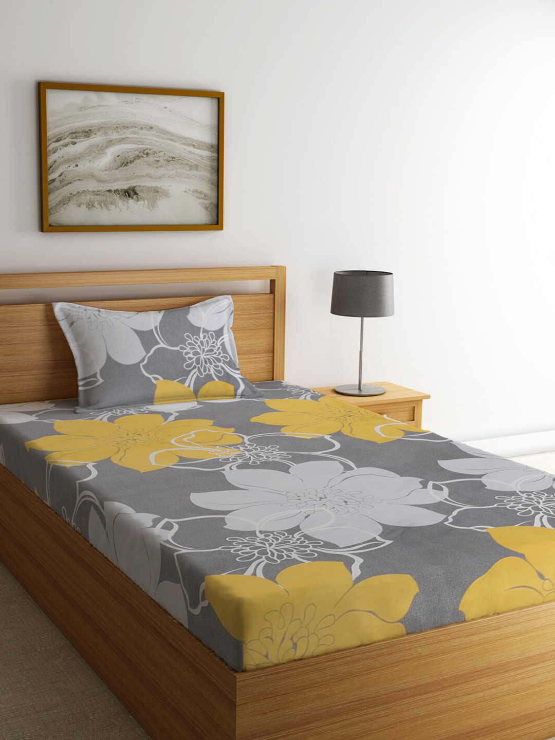 

KLOTTHE Grey & Yellow Floral 300 TC Single Bedsheet with 1 Pillow Covers