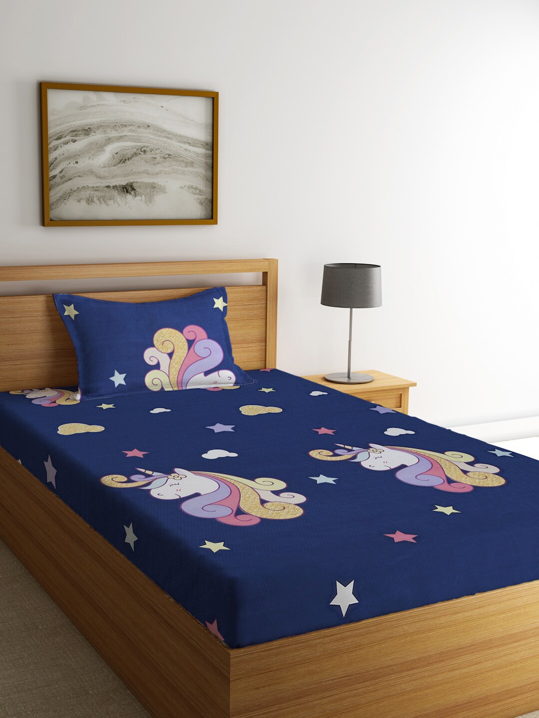 

KLOTTHE Blue & White Cartoon Characters 300 TC Single Bedsheet with 1 Pillow Covers