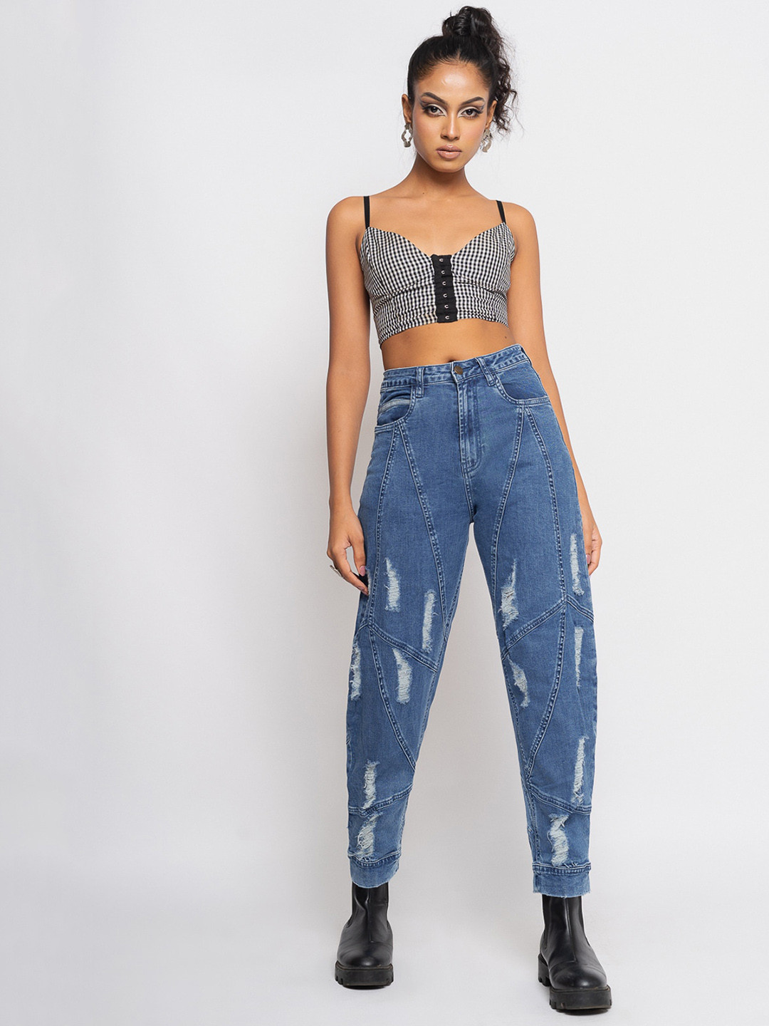 

FREAKINS Women Blue Tapered Fit High-Rise Highly Distressed Light Fade Stretchable Jeans