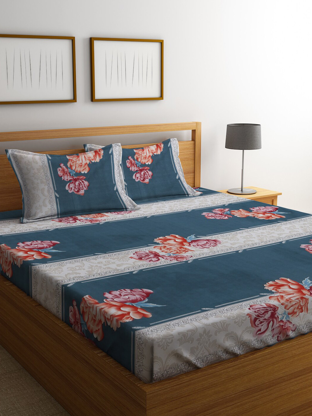 

KLOTTHE Off White & Blue Floral 300 TC King Bedsheet with 2 Pillow Covers