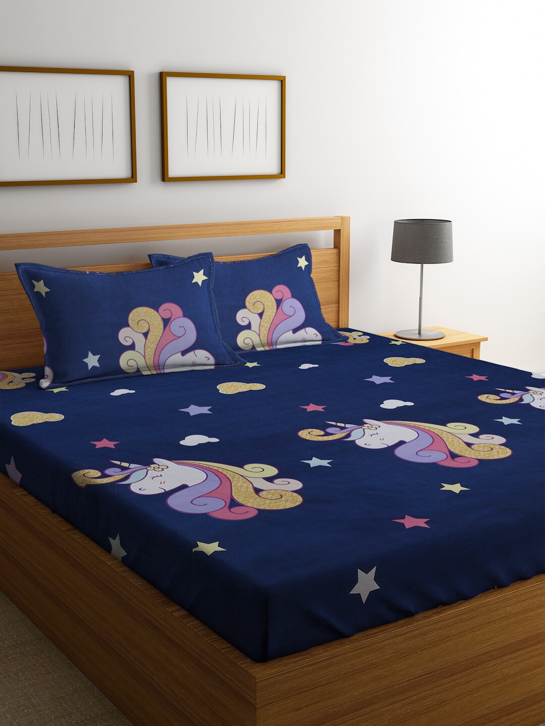 

KLOTTHE Cartoon Characters Print 300 TC King Bedsheet with 2 Pillow Covers, Blue