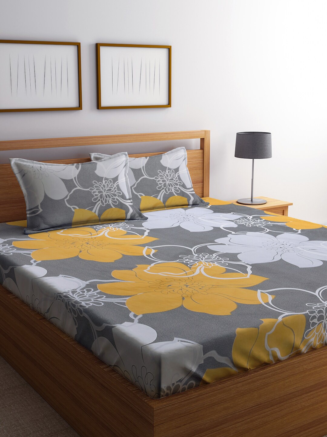 

KLOTTHE Grey & Yellow Floral 300 TC King Bedsheet with 2 Pillow Covers