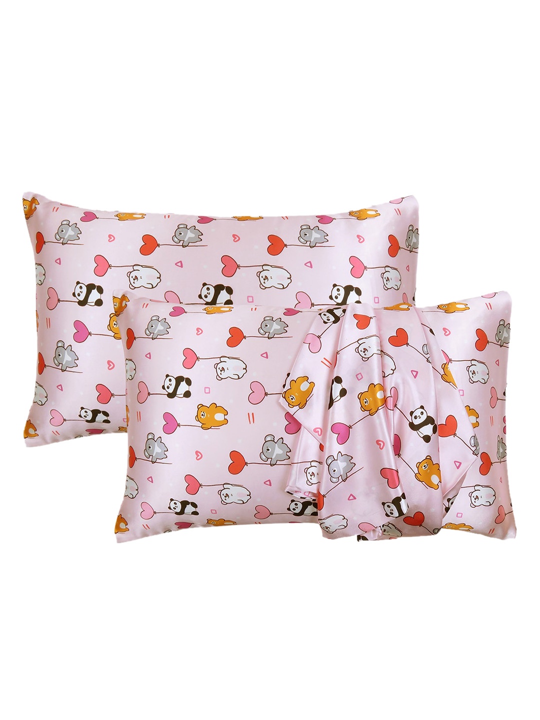 

OUSSUM Pack Of 2 Pink Printed Satin Pillow Covers